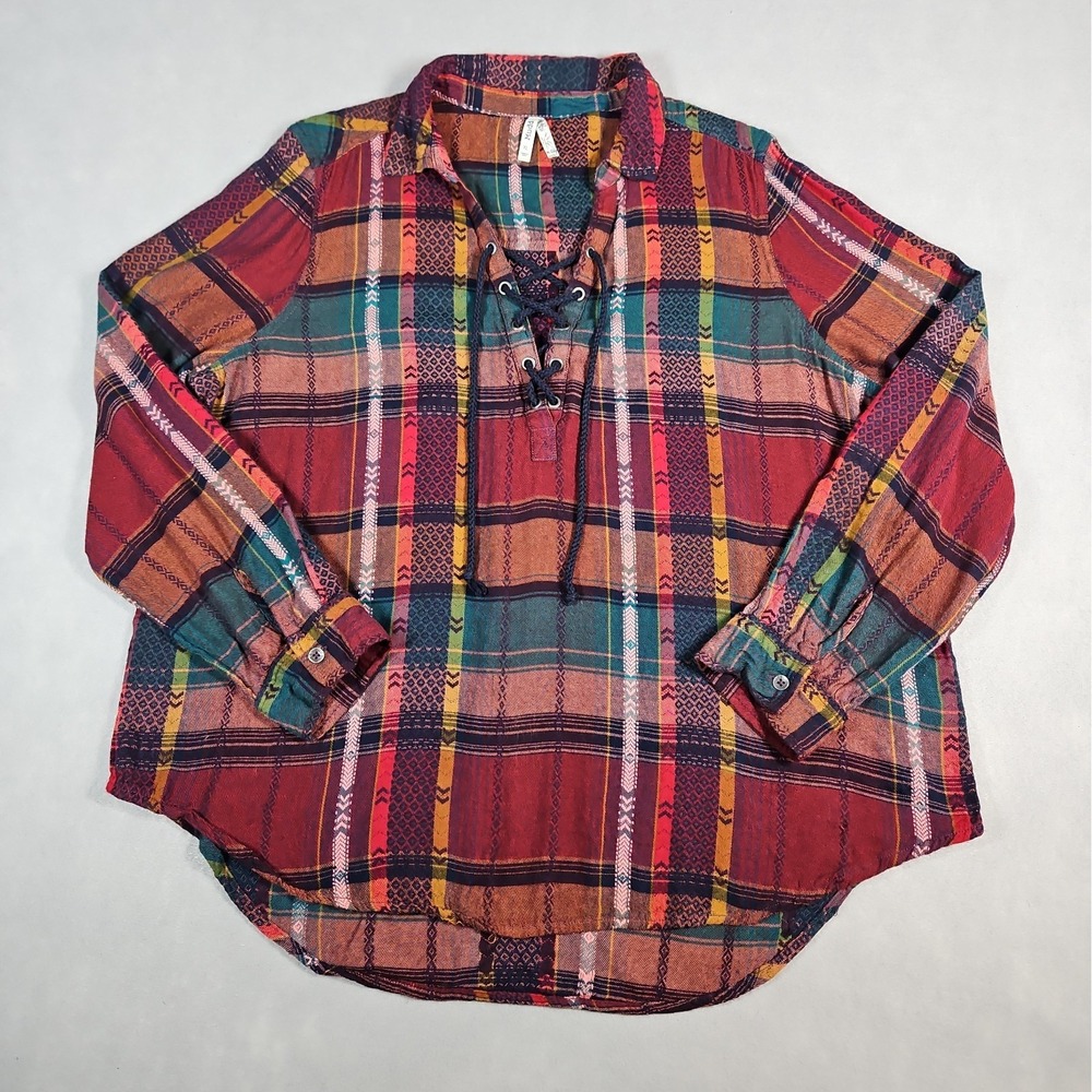 Mudd Womens Multicolor Plaid Lace Up V Neck Long Sleeve Blouse Size XL